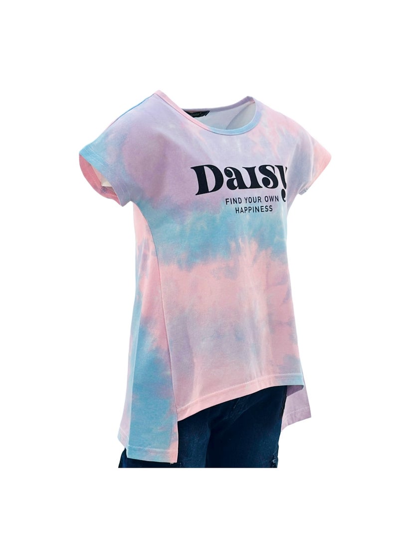 جوانا تي شيرت فتيات برقبة دائرية وأكمام قصيرة بطبعة "اعثري على سعادتك" مع ظهر طويل وزهور الأقحوان - بنفسجي/أزرق/وردي - Image 5