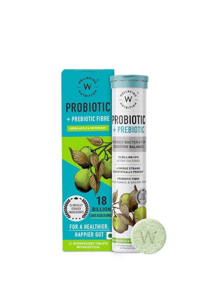 WELLBEING NUTRITION Daily Probiotic + Prebiotic| Plant Based |18 Billion CFU, 6 Strains for Men & Women with Organic Prebiotic Fiber for Digestion, Gut Health, Metabolism | 21 Effervescent Tabs - Image 1