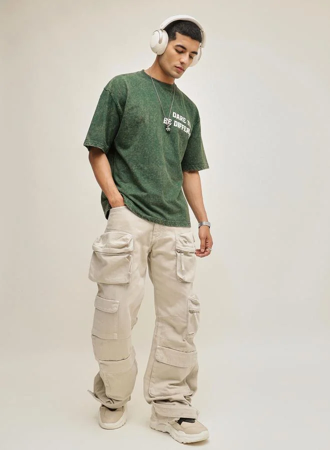 ساسافراس Men Green Overdye Slogan Print Oversized T-Shirt