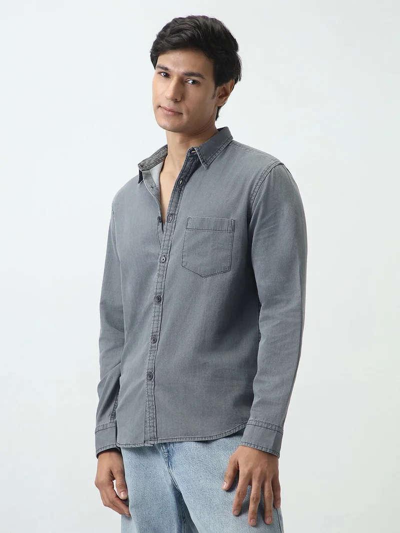 Urbano Fashion Men's Light Grey Regular Fit Full Sleeve Solid Denim Shirt