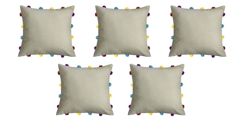 Lushomes Cushion Cover 14x14 Boho Cushion Covers Sofa Pillow Cover Cushion Covers with Tassels Cushion Cover with pom pom 14x14 Inches Set of 5 Beige - Image 1