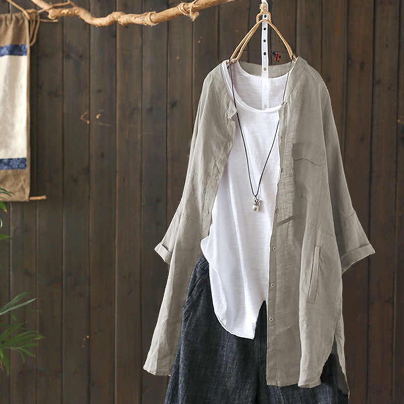 2024 Summer Vintage Mid-Length Cotton Linen Shirt Coat Light gray