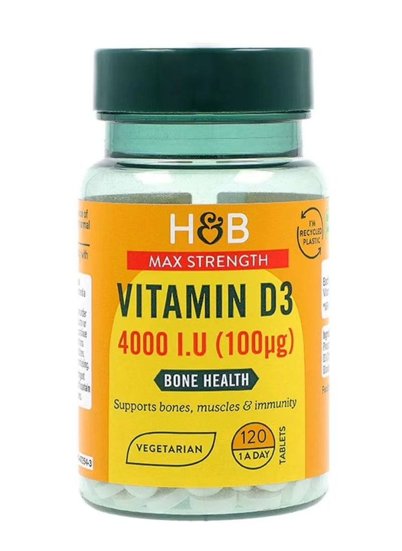 H&B H&B Maximum Strength Vitamin D3 4000 I.U. Tablets For Bone Health & Immunity, Pack of 120's 