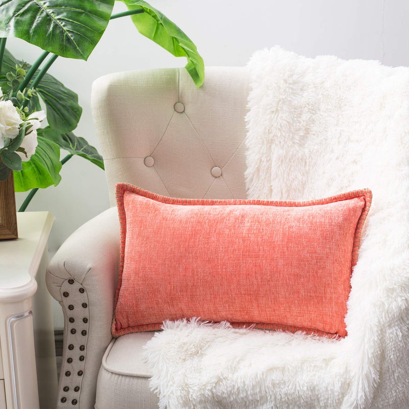 Calitime Throw Pillow Cases Pack Of 2 Cotton Thread Stitching Edges Solid Dyed Soft Chenille Cushion Covers For Couch Sofa Home Farmhouse Decoration 12 X 20 Inches Living Coral - Image 3