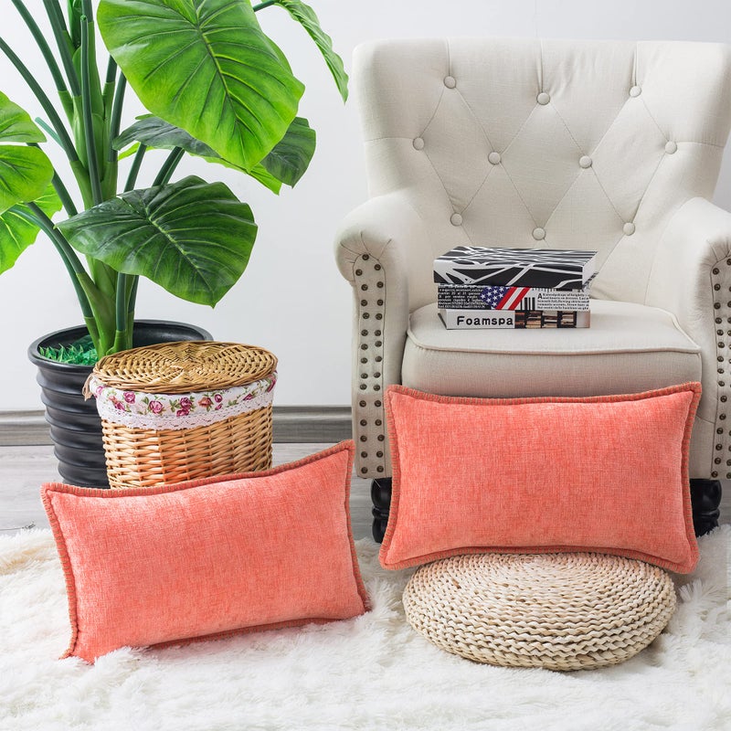 Calitime Throw Pillow Cases Pack Of 2 Cotton Thread Stitching Edges Solid Dyed Soft Chenille Cushion Covers For Couch Sofa Home Farmhouse Decoration 12 X 20 Inches Living Coral - Image 2