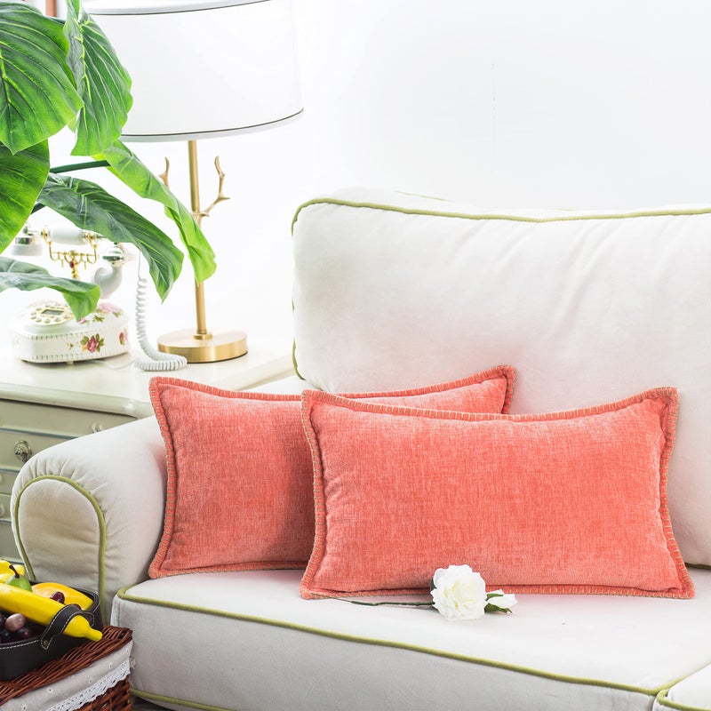 Calitime Throw Pillow Cases Pack Of 2 Cotton Thread Stitching Edges Solid Dyed Soft Chenille Cushion Covers For Couch Sofa Home Farmhouse Decoration 12 X 20 Inches Living Coral - Image 4