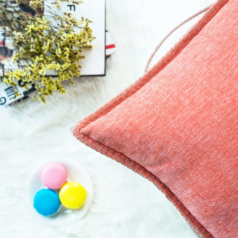 Calitime Throw Pillow Cases Pack Of 2 Cotton Thread Stitching Edges Solid Dyed Soft Chenille Cushion Covers For Couch Sofa Home Farmhouse Decoration 12 X 20 Inches Living Coral - Image 5