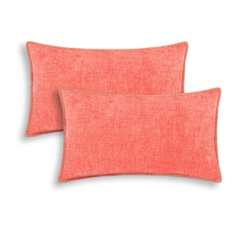 Calitime Throw Pillow Cases Pack Of 2 Cotton Thread Stitching Edges Solid Dyed Soft Chenille Cushion Covers For Couch Sofa Home Farmhouse Decoration 12 X 20 Inches Living Coral - Image 1