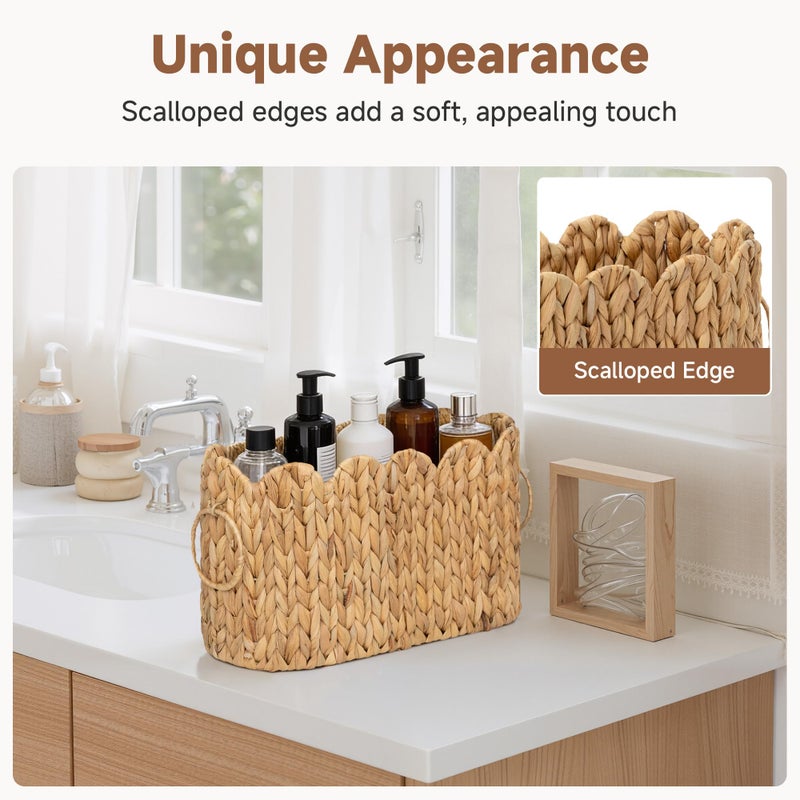 StorageWorks Scalloped Bathroom Toilet Paper Storage Holder, Wicker Toilet Paper Basket for 6 Regular Rolls, Slim Scalloped Basket Organizer with Handles, Water Hyacinth Storage Baskets for Bathroom - Image 2