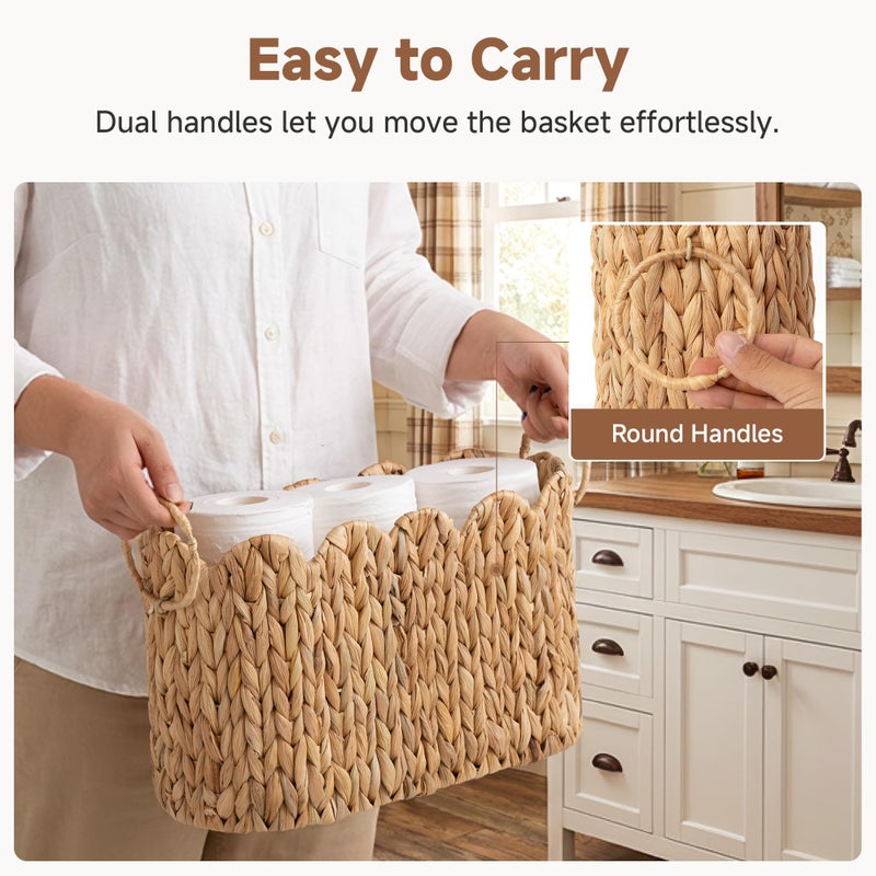 StorageWorks Scalloped Bathroom Toilet Paper Storage Holder, Wicker Toilet Paper Basket for 6 Regular Rolls, Slim Scalloped Basket Organizer with Handles, Water Hyacinth Storage Baskets for Bathroom - Image 3