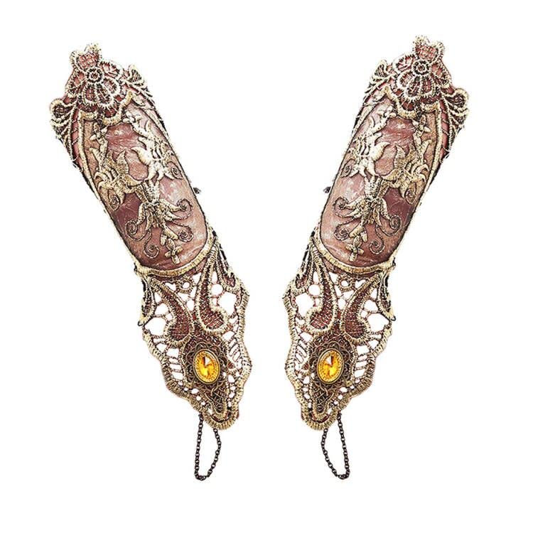 Juland Lace Fingerless Gloves Women Gothic Floral Lace Steampunk Wristband Ring Vintage Beaded Handmade Lace Up Gloves Bridal Bracelet Ring Set - 1 Pair â€“Bronzing S Size - Image 1