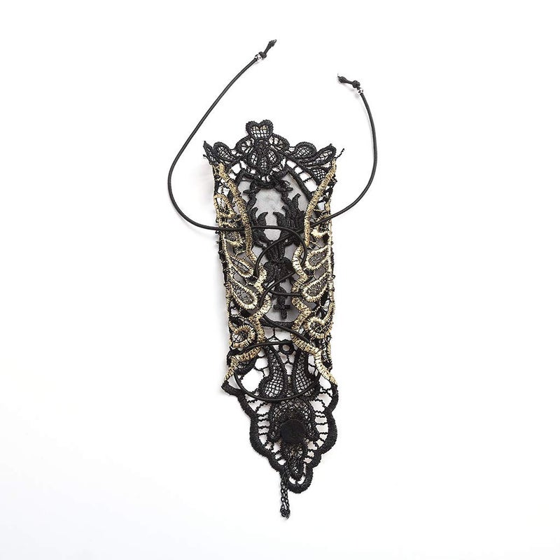 Juland Lace Fingerless Gloves Women Gothic Floral Lace Steampunk Wristband Ring Vintage Beaded Handmade Lace Up Gloves Bridal Bracelet Ring Set - 1 Pair â€“Bronzing S Size - Image 4
