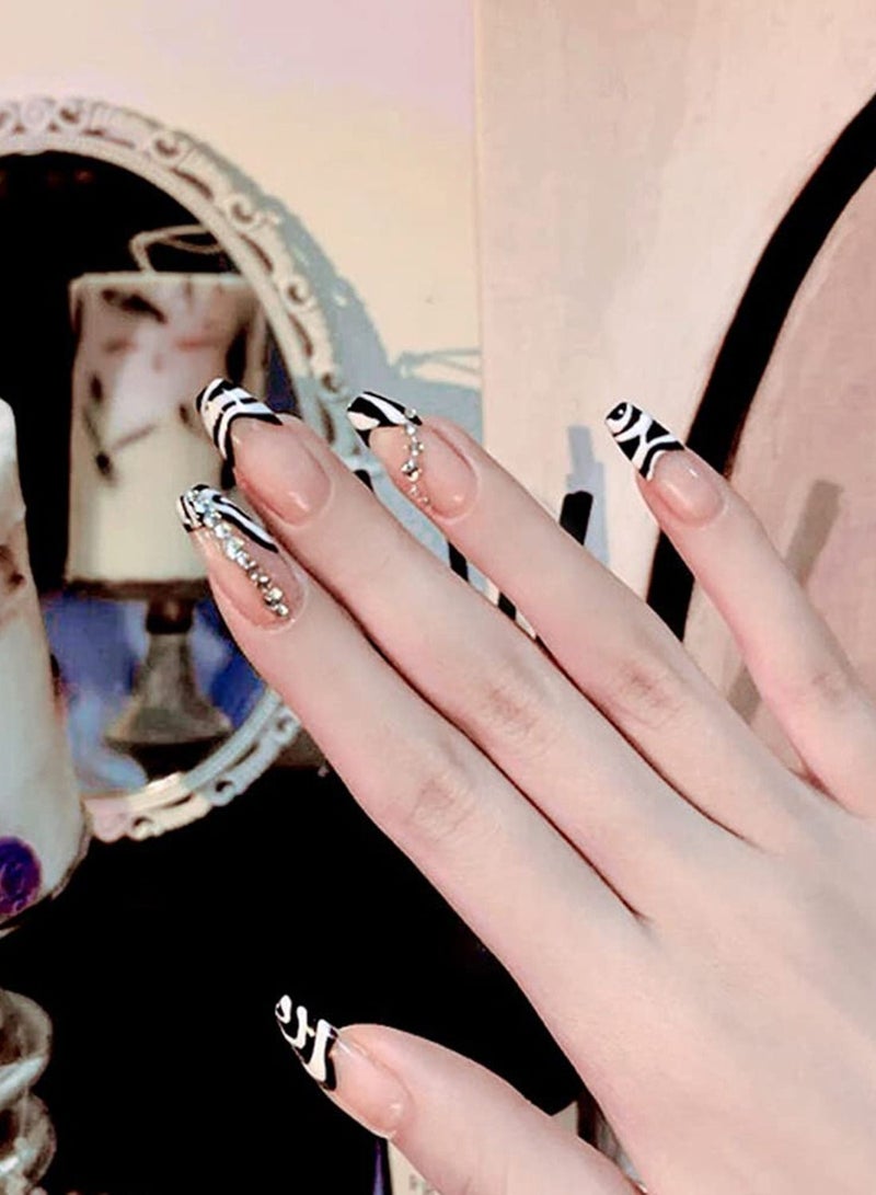 الأزرق جي دبليو Rhinestone Press on Nails Zebra French False Long Coffin Acrylic Nail Tips Shiny UV Gel for Women and Girls 24Pcs（The product does not contain glue） - Image 3