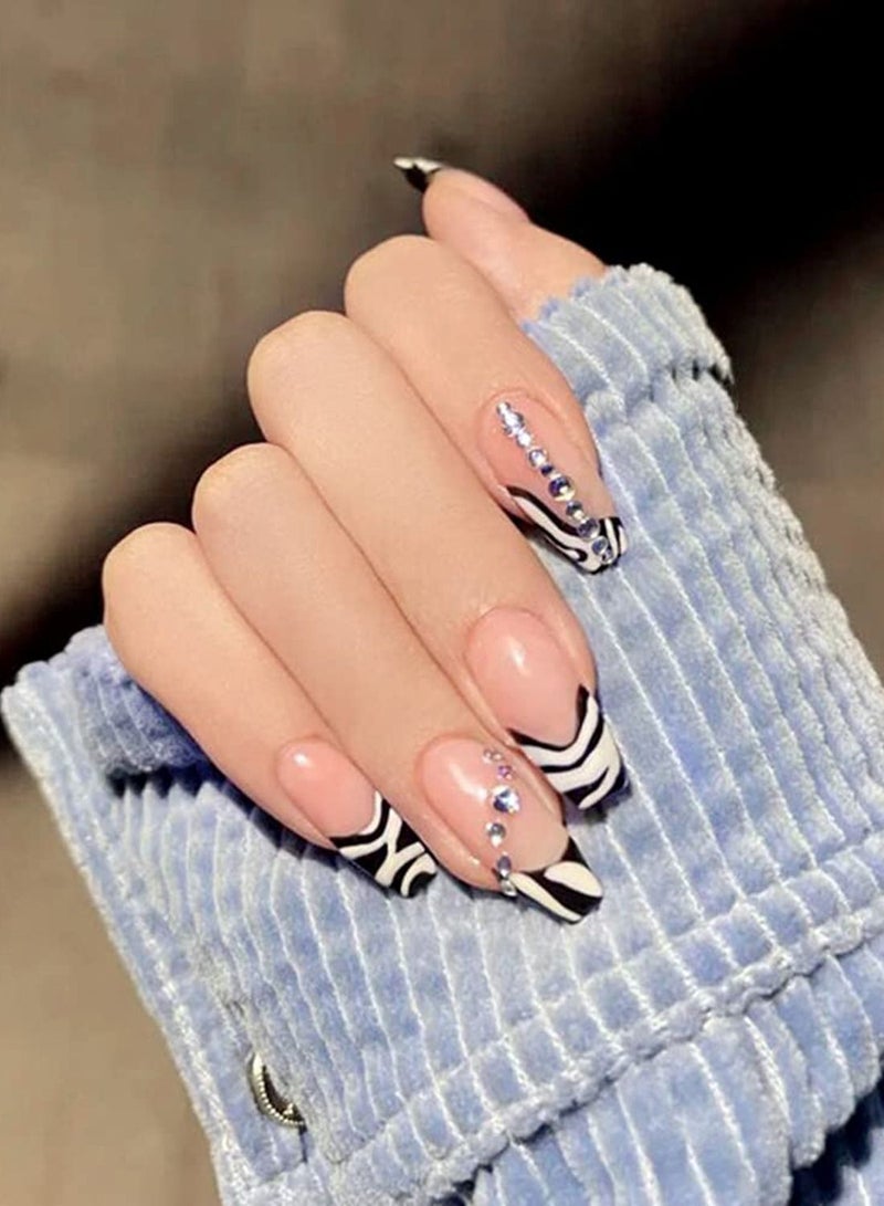 الأزرق جي دبليو Rhinestone Press on Nails Zebra French False Long Coffin Acrylic Nail Tips Shiny UV Gel for Women and Girls 24Pcs（The product does not contain glue） - Image 2