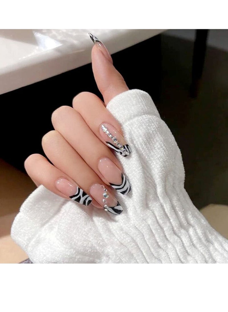 الأزرق جي دبليو Rhinestone Press on Nails Zebra French False Long Coffin Acrylic Nail Tips Shiny UV Gel for Women and Girls 24Pcs（The product does not contain glue） - Image 1