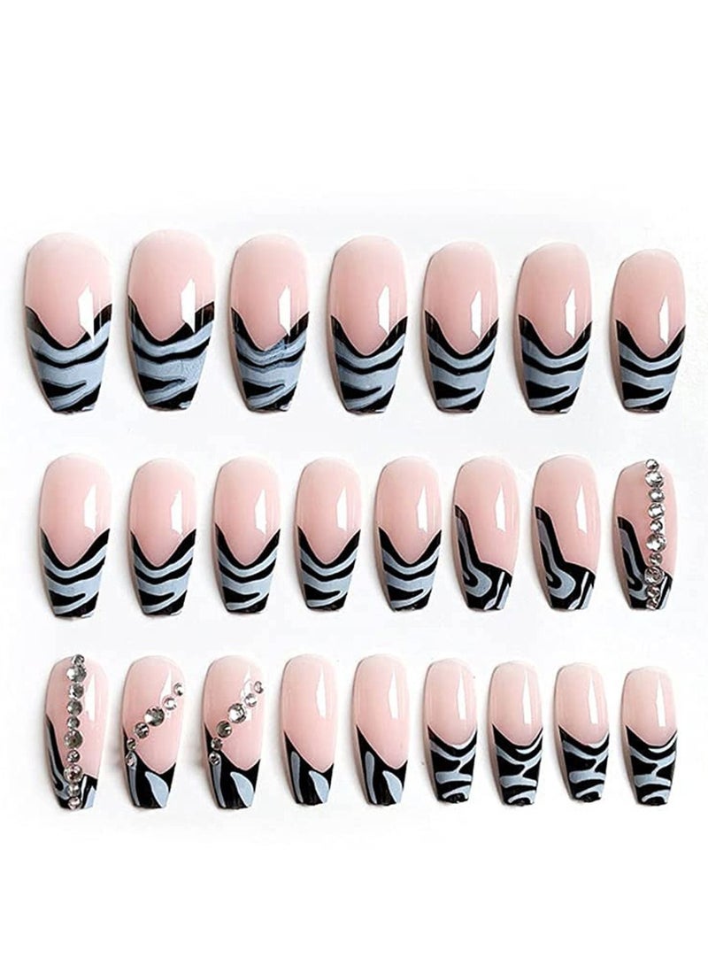 الأزرق جي دبليو Rhinestone Press on Nails Zebra French False Long Coffin Acrylic Nail Tips Shiny UV Gel for Women and Girls 24Pcs（The product does not contain glue） - Image 4