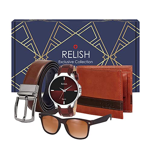 Relish Leather Analogue Men'S & Boy'S Brown Watch, Belt, Wallet And Sunglasses Combo Valentine Gifts Birthday Gift For Mens - Image 1