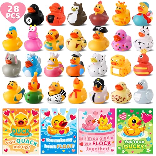 ANGGIKO 28 Pack Valentines Day Gifts for Kids Valentine Rubber Ducks in Bulk with Valentines Cards for Girls Boys School Classroom Assorted Ducks for Jeeps Valentines Party Favors Classroom Exchange Gifts - Image 1