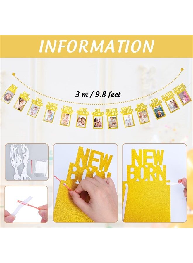 Whaline 1st Birthday Baby Photo Banner for Newborn to 12 Months, Monthly Milestone Photograph Bunting Garland, First Birthday Celebration Decoration (Gold) - Image 3