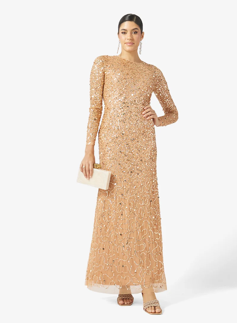 Maya ALMOND Embellished Long Sleeve Maxi Dress for Women | Best Price UAE