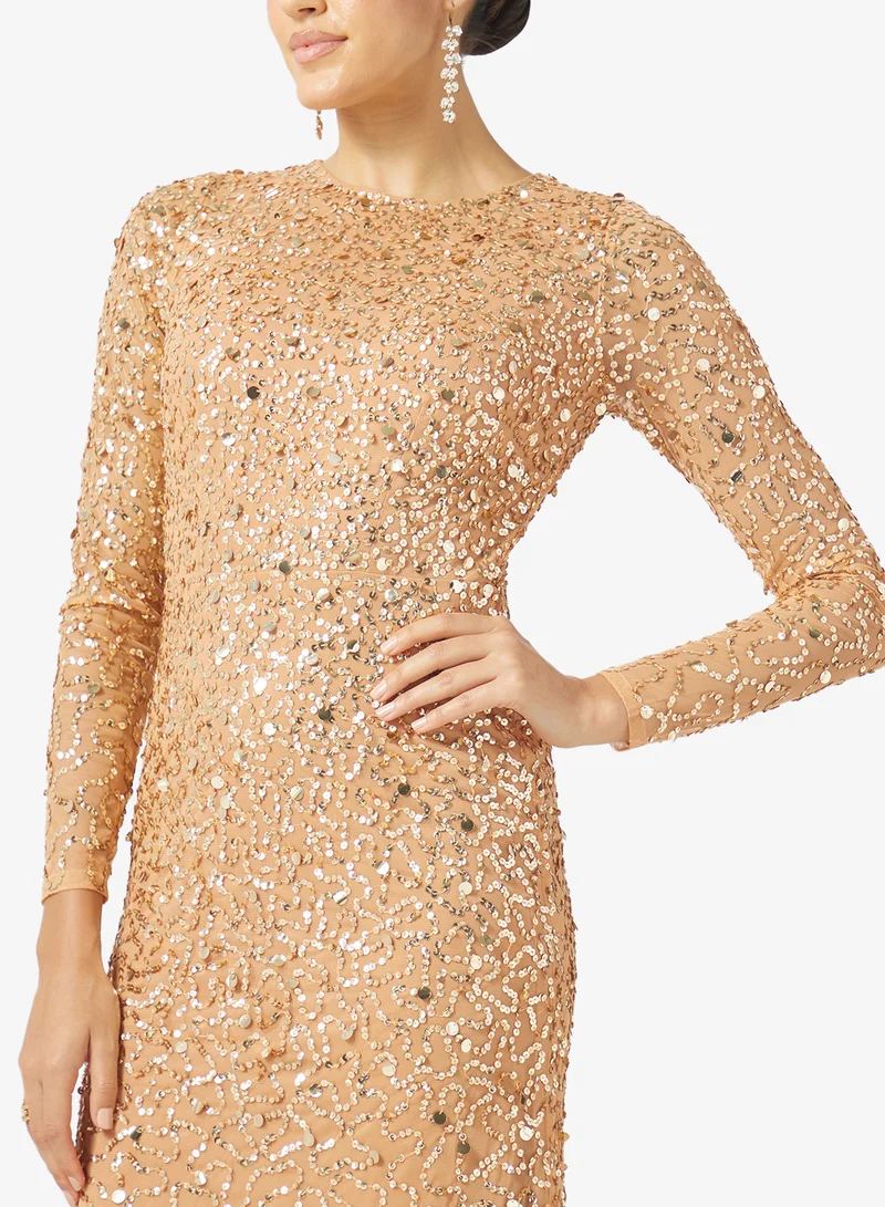 Maya ALMOND Embellished Long Sleeve Maxi Dress for Women | Best Price UAE