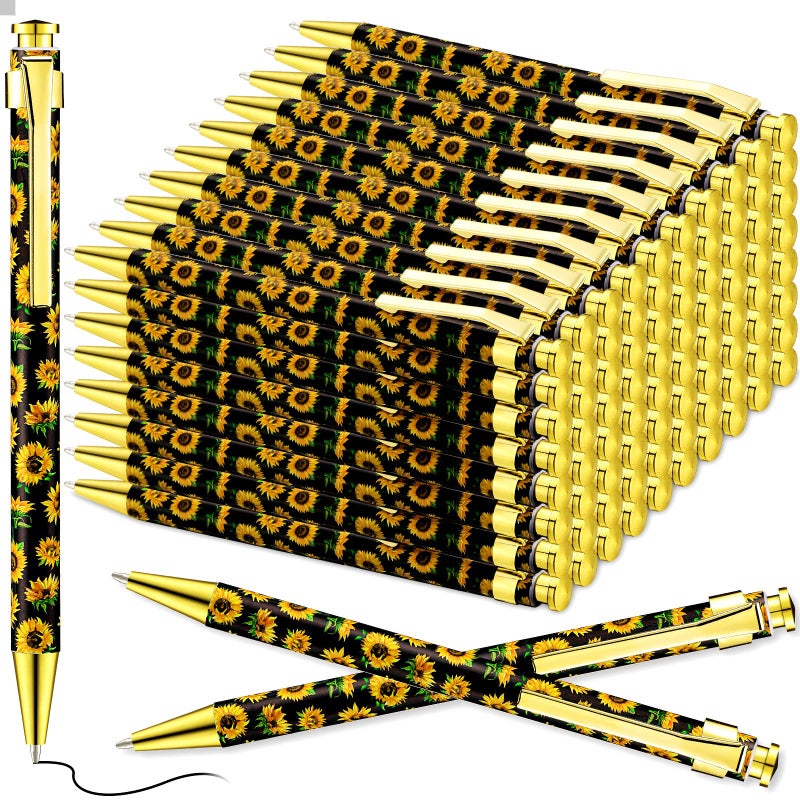 Yexiya 56 Pieces Sunflower Pens Ballpoint Click Ball Pens Reusable Retractable Journaling Sunflower Party Favors Black Ink Medium Point 10 mm Gift for School Office Women and Men