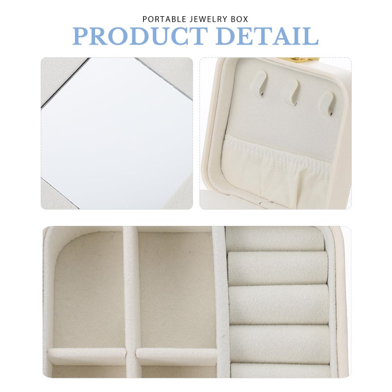 White PU Jewelry Travel Box With Mirror Organizer For Women Necklace Bracelet - Image 4