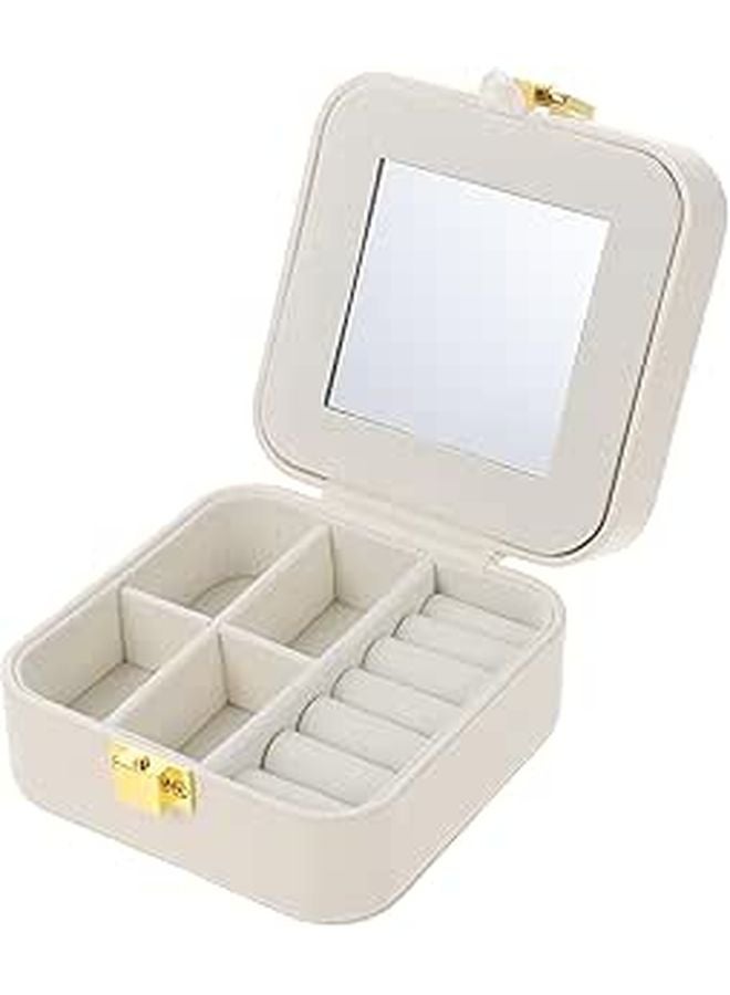 White PU Jewelry Travel Box With Mirror Organizer For Women Necklace Bracelet - Image 1