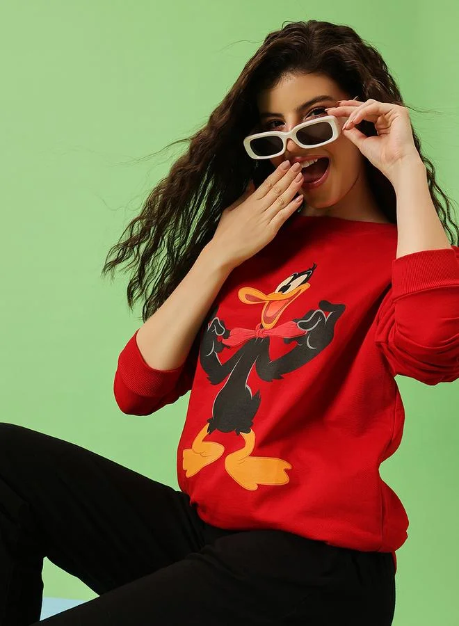 كلوفيا سويت شيرت قطن أحمر بطبعة دافي داك