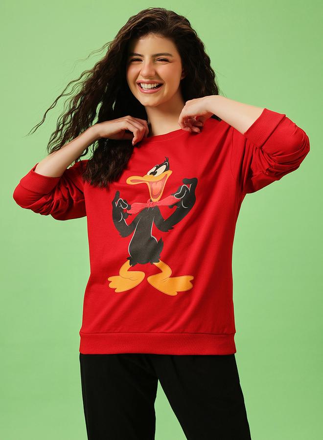 كلوفيا سويت شيرت قطن أحمر بطبعة دافي داك - Image 1