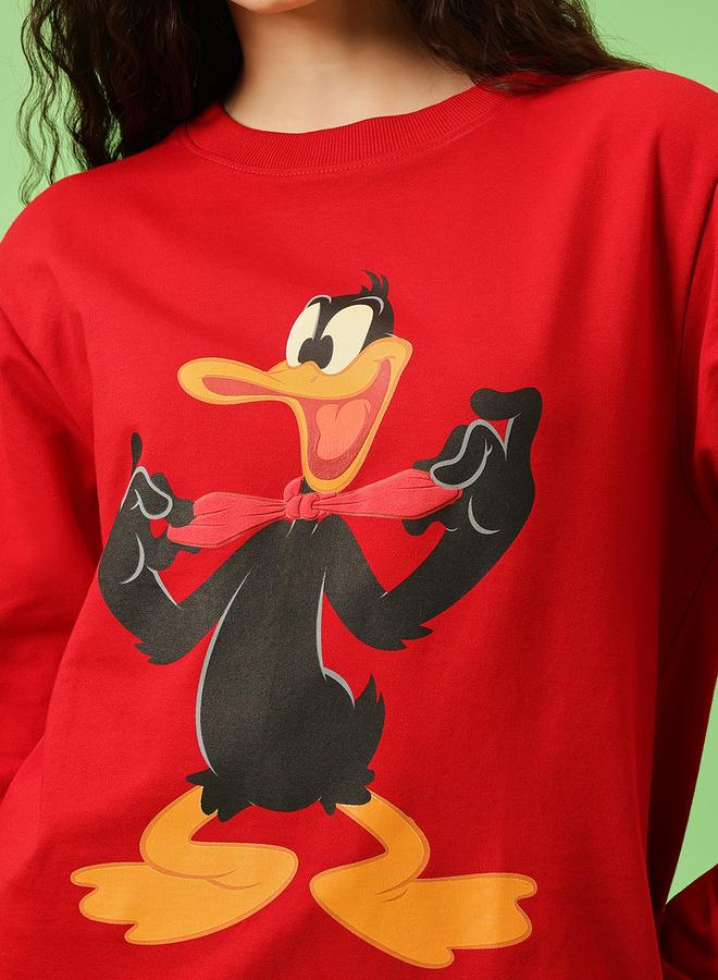 كلوفيا سويت شيرت قطن أحمر بطبعة دافي داك - Image 3