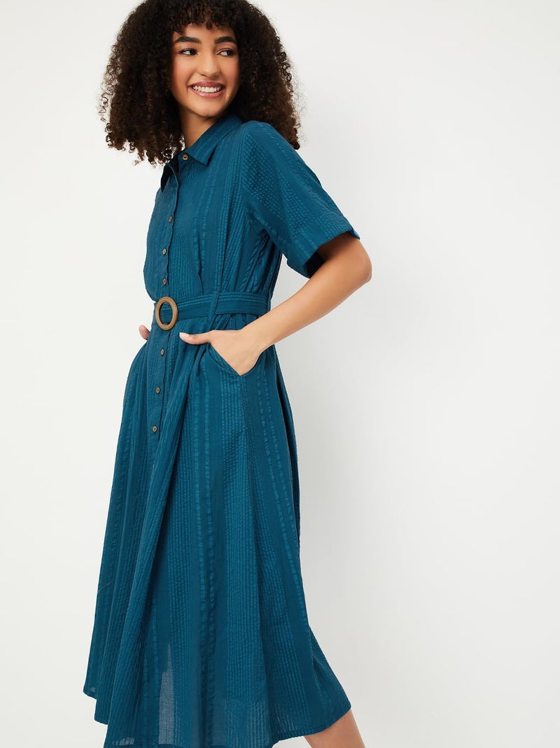 Max Women Textured Belted Shirt Dress (Blue_L) - Image 2