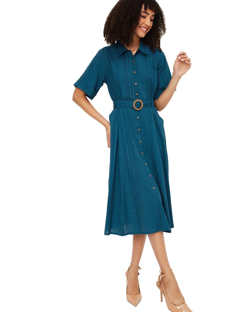 Max Women Textured Belted Shirt Dress (Blue_L) - Image 1