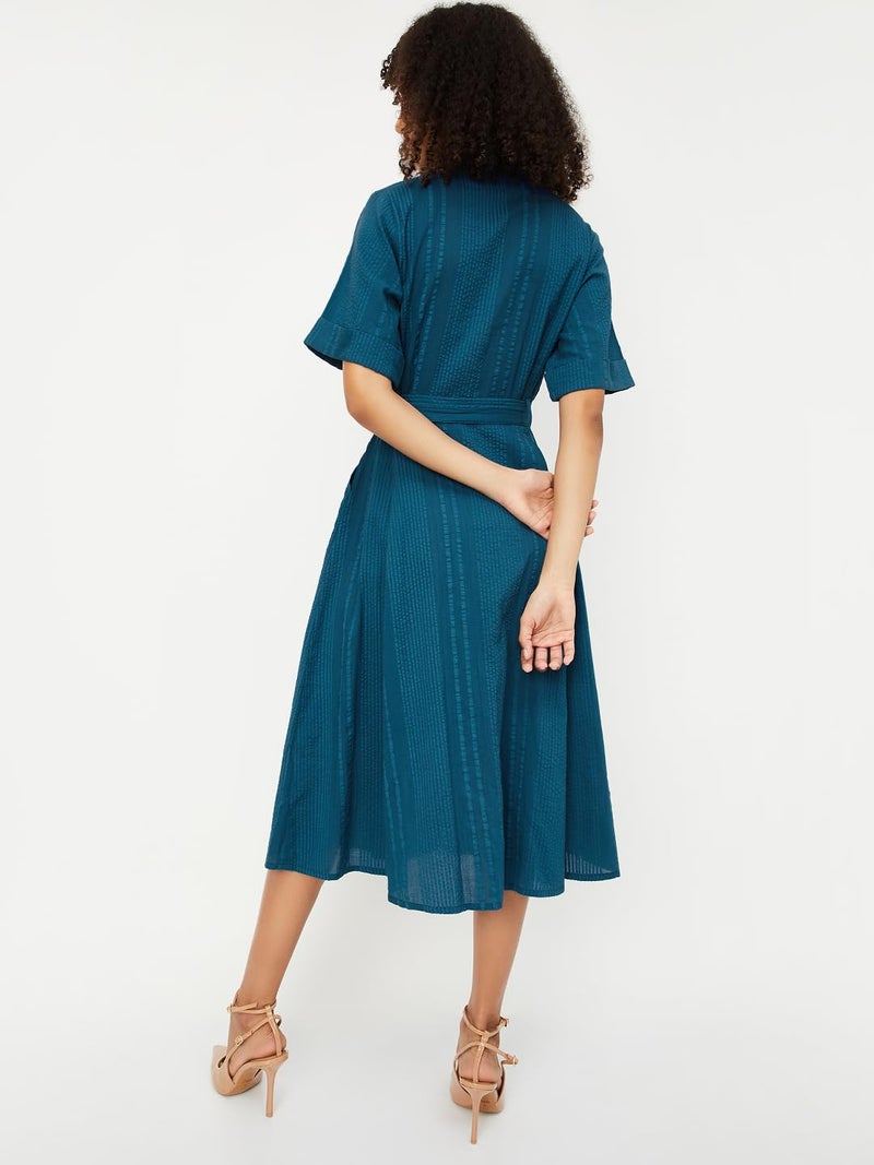 Max Women Textured Belted Shirt Dress (Blue_L) - Image 3
