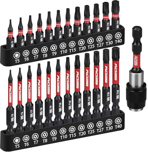 25Piece Torx Bit Set 125 Security Tamper Proof Torx Impact Screwdriver Bits T5T40 CNC Machined Magnetic Tips S2 Steel Star Bit High Torque Strength Precision Tools with Storage Box