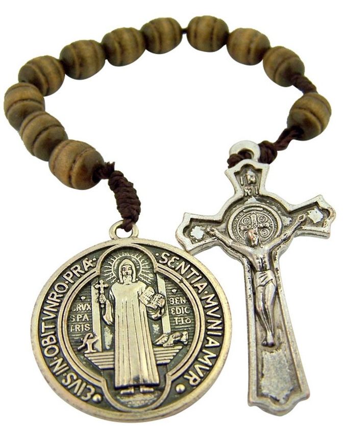 Religious Gifts Brown Wood Prayer Bead Pocket Rosary with Saint Benedict Medal and Crucifix, 9 Inch - Image 1