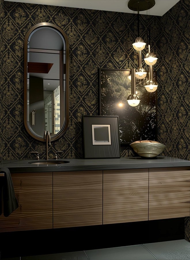 Toduso Peel and Stick Wallpaper Vintage Wall Paper Boho Contact Paper Black and Glod Floral Removable Wallpaper for Bathroom Bedroom Flower Waterproof Self Adhesive Vinyl Drawer Decor17.3 x78.7 - Image 2