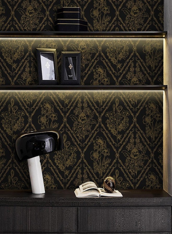 Toduso Peel and Stick Wallpaper Vintage Wall Paper Boho Contact Paper Black and Glod Floral Removable Wallpaper for Bathroom Bedroom Flower Waterproof Self Adhesive Vinyl Drawer Decor17.3 x78.7 - Image 3