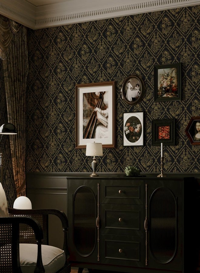 Toduso Peel and Stick Wallpaper Vintage Wall Paper Boho Contact Paper Black and Glod Floral Removable Wallpaper for Bathroom Bedroom Flower Waterproof Self Adhesive Vinyl Drawer Decor17.3 x78.7 - Image 4
