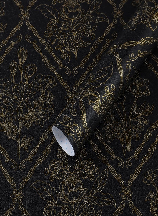 Toduso Peel and Stick Wallpaper Vintage Wall Paper Boho Contact Paper Black and Glod Floral Removable Wallpaper for Bathroom Bedroom Flower Waterproof Self Adhesive Vinyl Drawer Decor17.3 x78.7 - Image 1