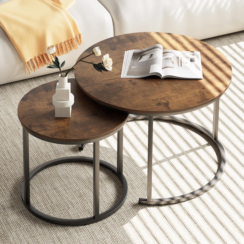 aboxoo Coffee Table Nesting Round Table Set of 2 Side Table with Sturdy Metal Frame for Living Room Bedroom Apartment Modern Industrial Simple Nightstand,Rustic Brown - Image 1