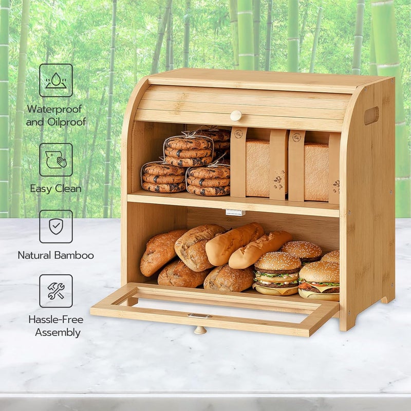 HOOBRO Bread Box, Bamboo Bread Box for Kitchen Countertop, 2 Tier Roll-Top Bread Bin, Food Storage Box, Large Capacity Keeper, Wooden Storage Cabinet, for Kitchen, Dining Room, Natural EYL13MB01 - Image 3