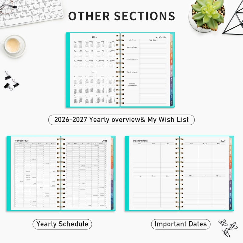 RETTACY 2026 Planner, Weekly and Monthly, Medium Size (5.7" x 8.3"), Jan - Dec 2026, Agenda, Calendar, 12 Month Tabs, Flexible Plastic Cover, 100 GSM Thick Paper, Spiral-bound (Tiffani Blue) - Image 5