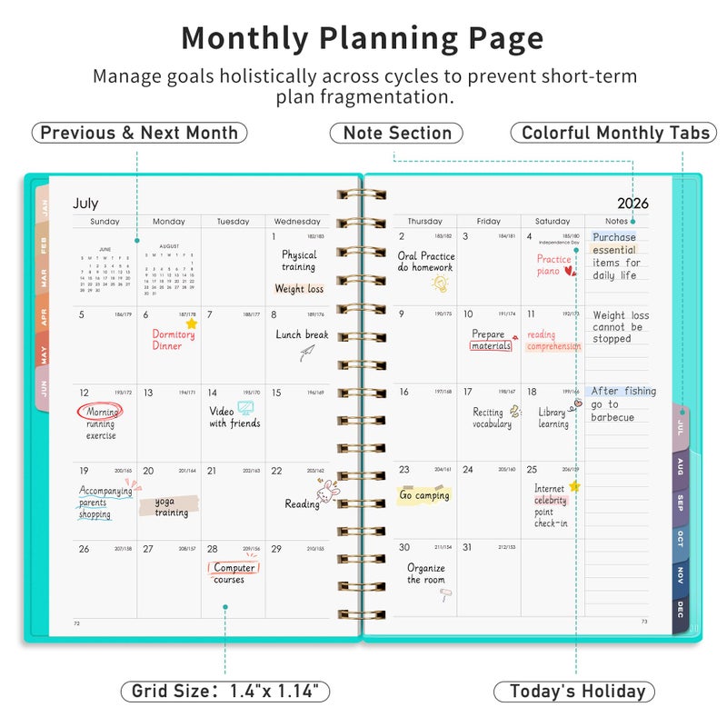 RETTACY 2026 Planner, Weekly and Monthly, Medium Size (5.7" x 8.3"), Jan - Dec 2026, Agenda, Calendar, 12 Month Tabs, Flexible Plastic Cover, 100 GSM Thick Paper, Spiral-bound (Tiffani Blue) - Image 3