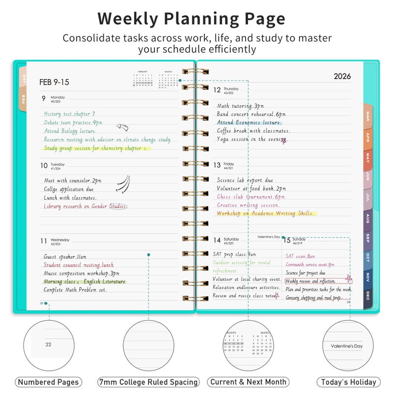 RETTACY 2026 Planner, Weekly and Monthly, Medium Size (5.7" x 8.3"), Jan - Dec 2026, Agenda, Calendar, 12 Month Tabs, Flexible Plastic Cover, 100 GSM Thick Paper, Spiral-bound (Tiffani Blue) - Image 2