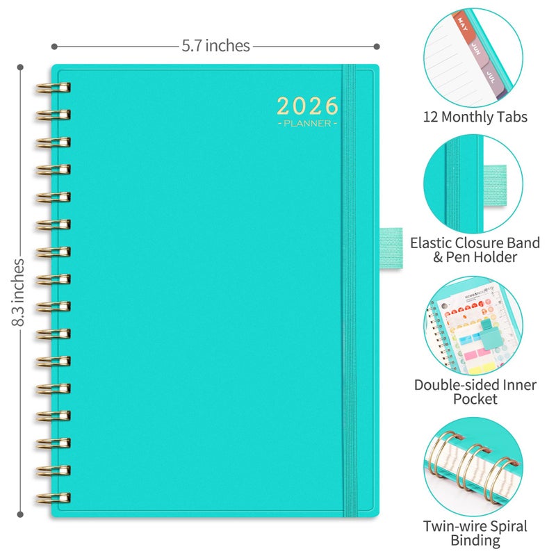 RETTACY 2026 Planner, Weekly and Monthly, Medium Size (5.7" x 8.3"), Jan - Dec 2026, Agenda, Calendar, 12 Month Tabs, Flexible Plastic Cover, 100 GSM Thick Paper, Spiral-bound (Tiffani Blue) - Image 4