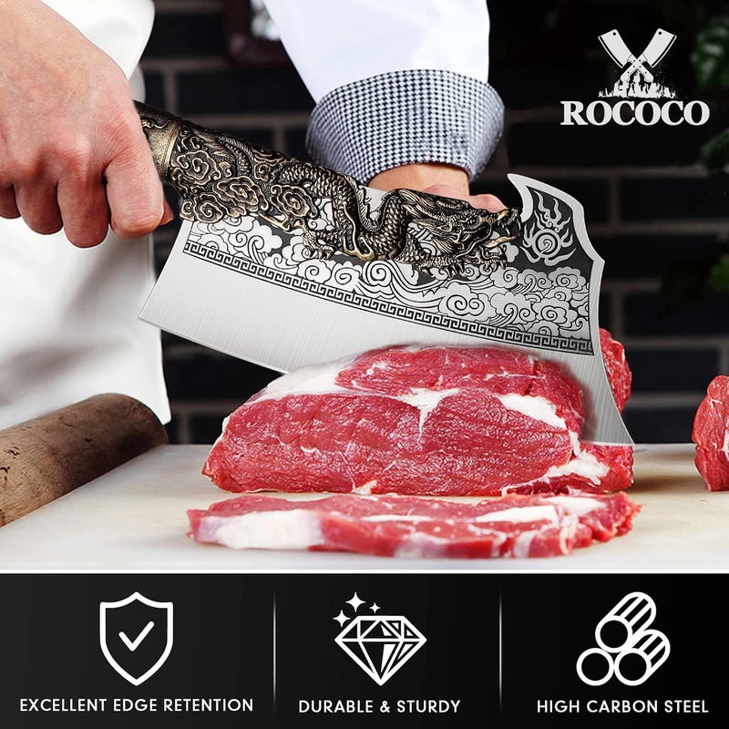ROCOCO 2lb Dragon Butcher Knife Heavey Duty Cleaver Knife for Meat Bone Cutting 9.5" Cool Big Viking Camping Chopper Cutter with Sheath Birthday Father Mother Christmas Gift Idea Men - Image 4