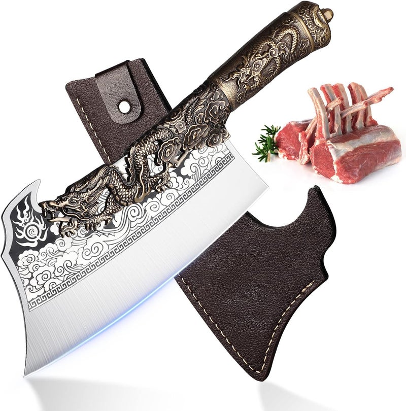 ROCOCO 2lb Dragon Butcher Knife Heavey Duty Cleaver Knife for Meat Bone Cutting 9.5" Cool Big Viking Camping Chopper Cutter with Sheath Birthday Father Mother Christmas Gift Idea Men - Image 1