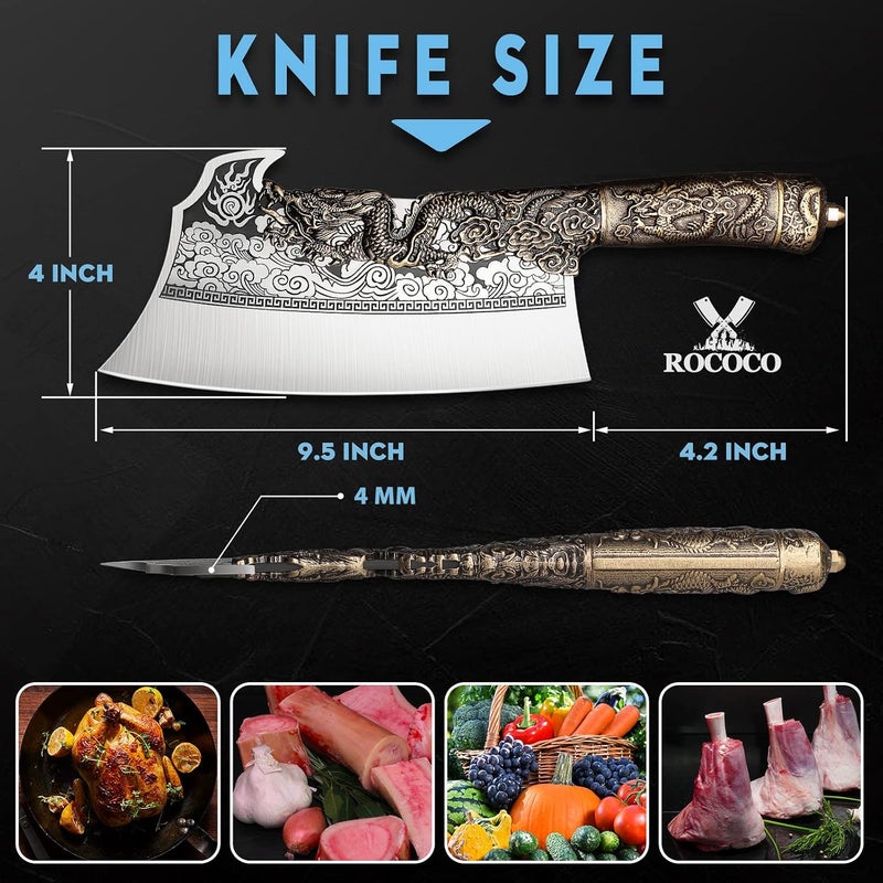 ROCOCO 2lb Dragon Butcher Knife Heavey Duty Cleaver Knife for Meat Bone Cutting 9.5" Cool Big Viking Camping Chopper Cutter with Sheath Birthday Father Mother Christmas Gift Idea Men - Image 2