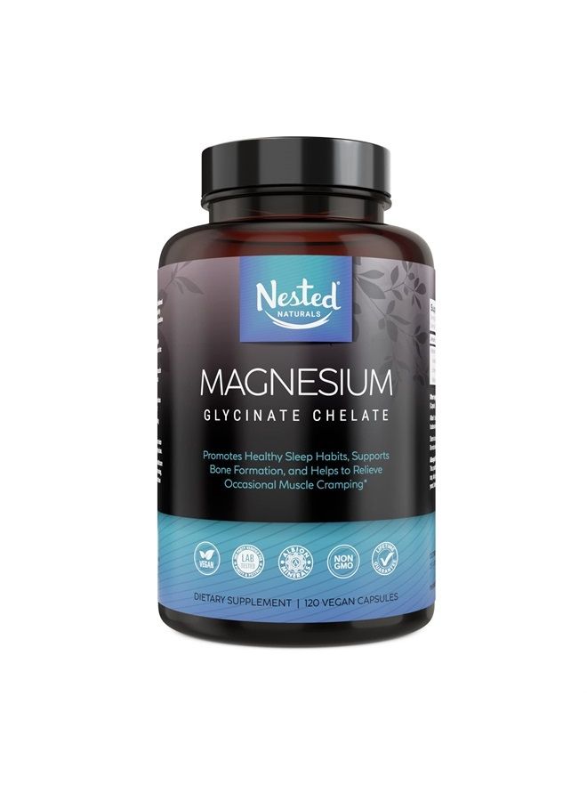 Nested Naturals – Magnesium Glycinate Chelate Supplement 200mg Per Serving High Absorption Vegan Capsules for Muscle Leg Cramps Stress Relief Bedtime Ease – 100% Chelated TRACCS Buffered Gluten-Free N - Image 1